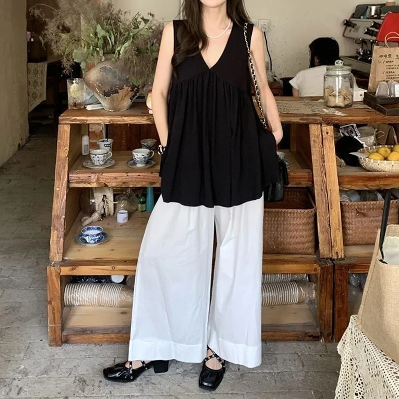 

Summer New Temperament V Neck Loose Shirt Tops Sleeveless Solid Youth Simplicity Fashion Blouse Casual Korean Women Clothing