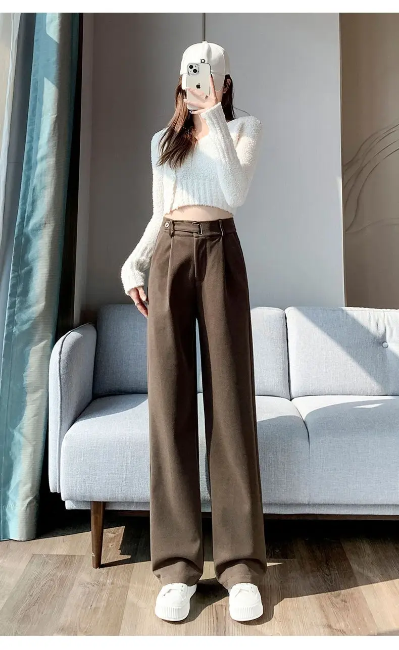 Brown Woolen High-end Suit Pants for Women in Autumn and Winter 2023 New Narrow Version Straight Wide-leg Pants with Drape