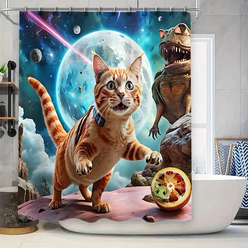 

Креативная занавеска для душа с изображением кота и динозавра для детей и домашних животных — яркий и забавный дизайн — идеально подходит для ванных комнат, повышает пространство