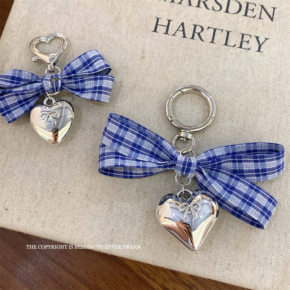 Cute Blue Purple Bow Heart Keyring Korean Chic Purse Charm Bag Pendant Soft Ribbon and Metal for Women Daily