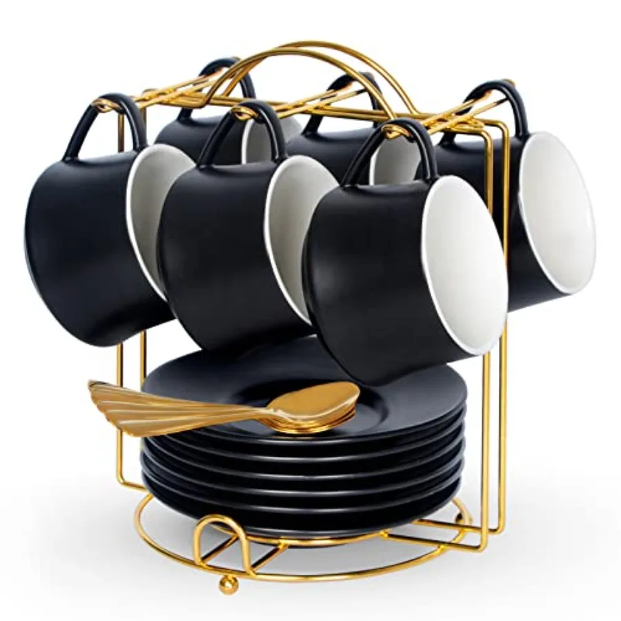 

Набор из 6 фарфоровых чашек для капучино объемом 7 унций, штабелируемые кофейные чашки с блюдцами, ложками и металлической подставкой – для специальных кофейных напитков