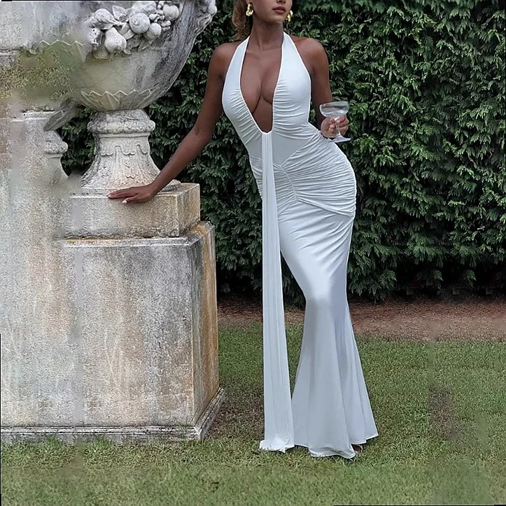 Elegant Halter Deep V Waist Cutout Backless Mermaid Evening Dress Maxi Dresses Spring Summer