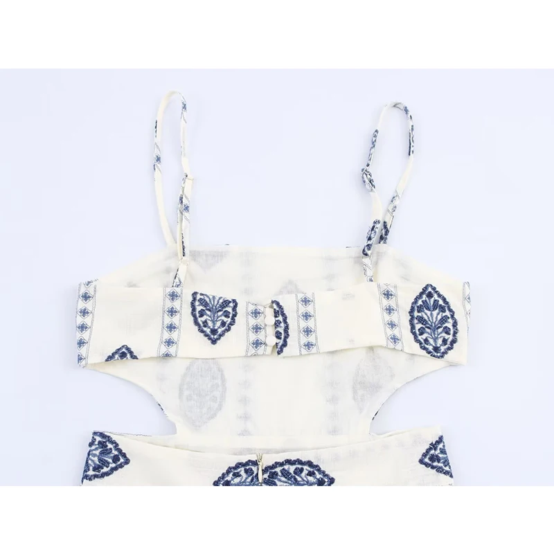 Sukienki damskie z haftem kwiatowym, seksowne, z wycięciami, linia A, midi, na ramiączkach, letnia sukienka, elegancka sukienka wakacyjna, vestidos