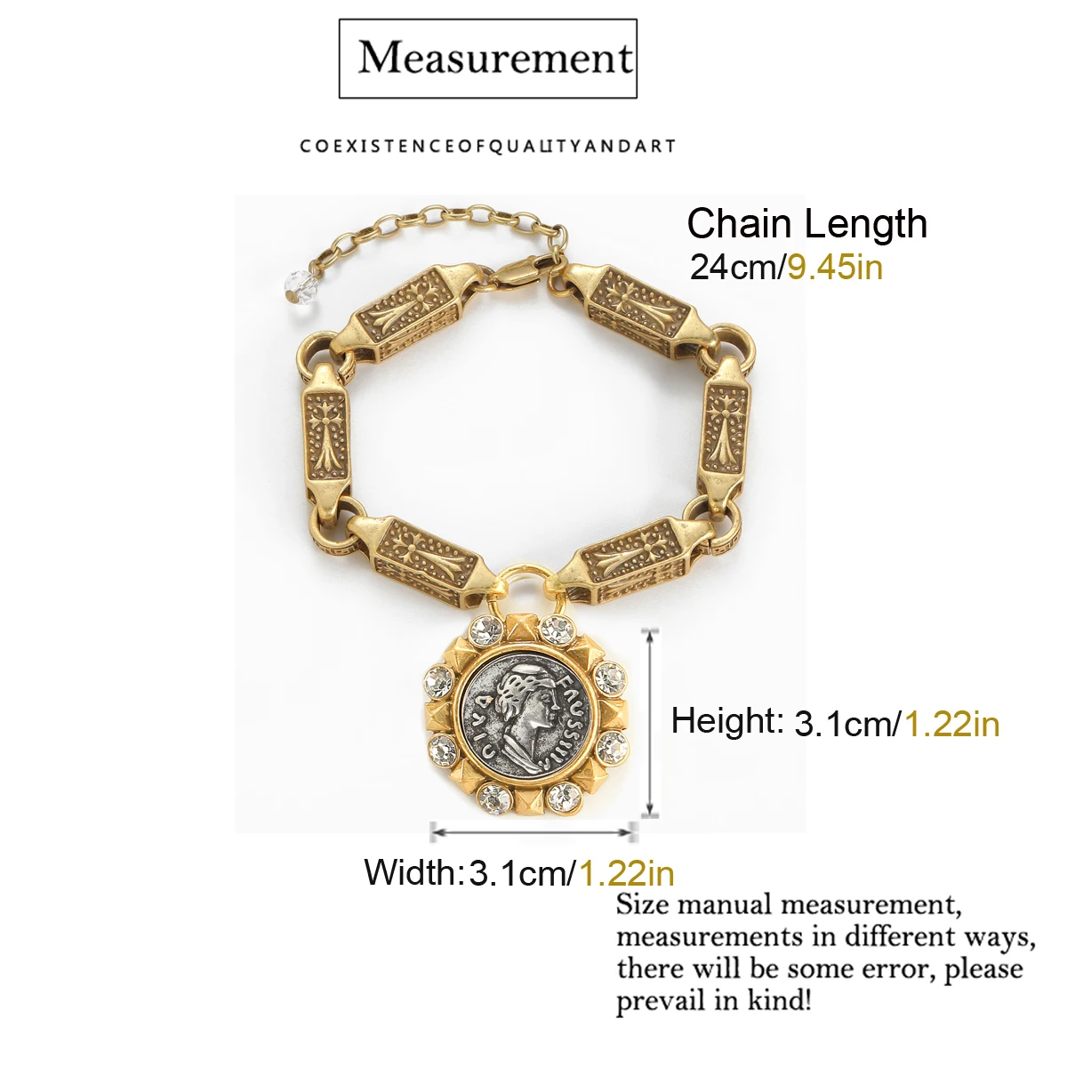 Vintage Antique Gold Plated Coin Bracelets Portrait Head Bamboo Chain Woman Geometry Banquet Jewelry Retro Luxury Accessories