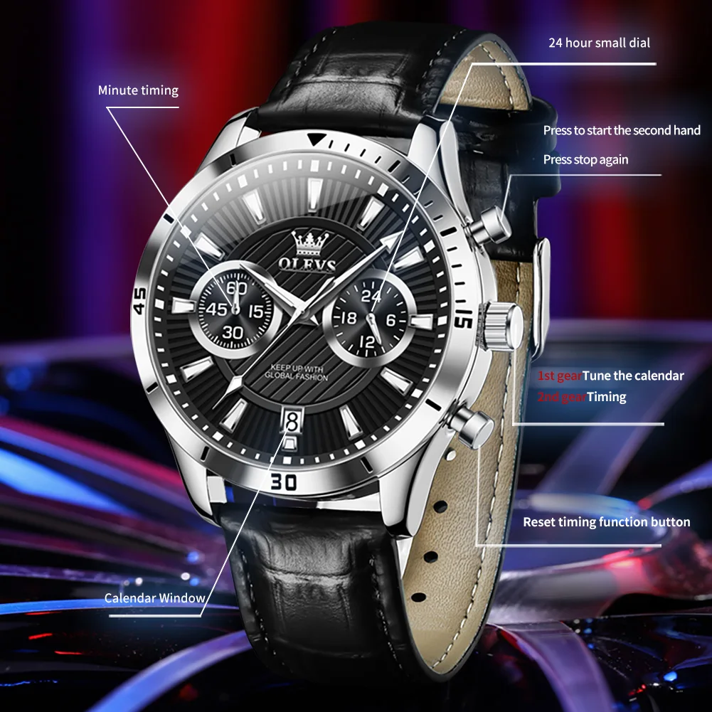 OLEVS Brand Men's Watches Trend Chronograph Quartz Watch Leather Strap Calendar Waterproof Luminous Watch for Male Original