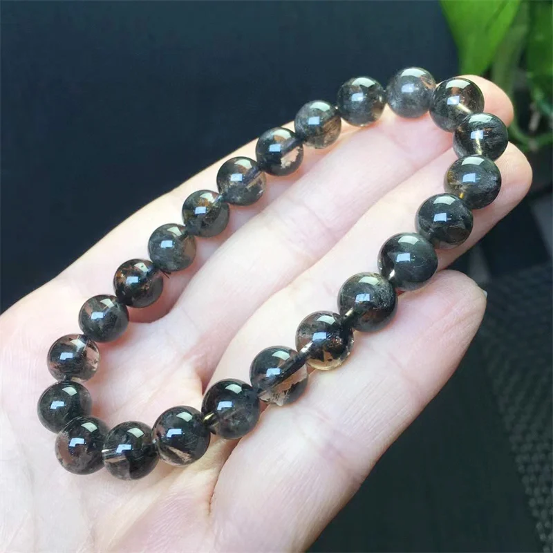 8MM Natural Black Auralite Bracelet For Women Men Bracelet  Energy Crystal Aura Healing Reiki Yoga Elastic Jewelry Gift