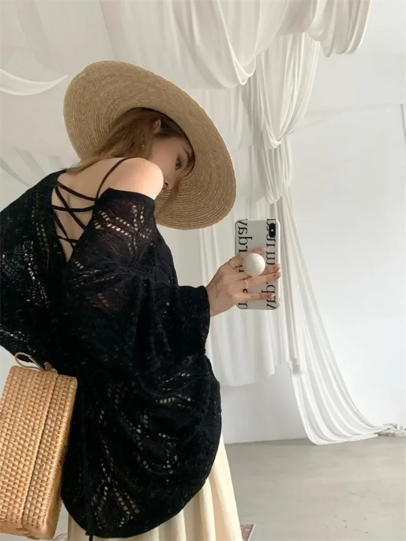 Sexy Hollow V-neck Lace Up Knit Sweater Summer Korean Loose Sun Protection Top Elegant Backless Long Sleeved Beach Top