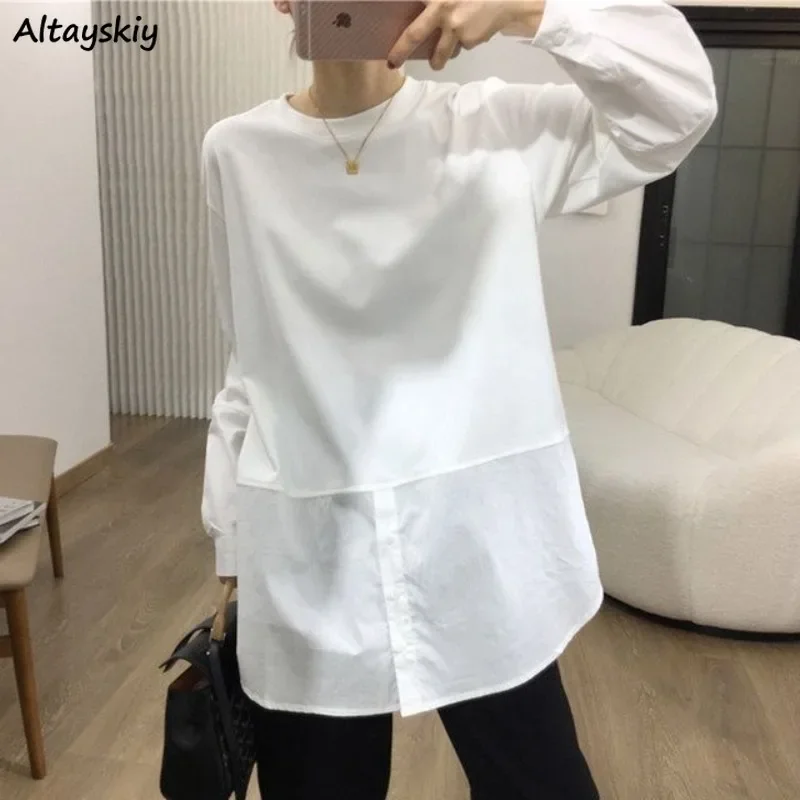 White T-shirts Women Patchwork Spring Autumn Loose Long Sleeve O-neck Solid Simple All-match Chic Sweet Japan Style Fashion Slim