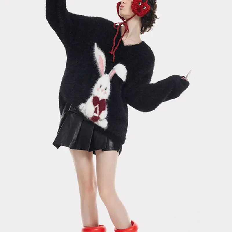 سترة محبوكة جديدة لخريف وشتاء 2025 على شكل أرنب لطيف كلاسيكي فضفاضة ومتعددة الاستخدامات برقبة دائرية   ﻿