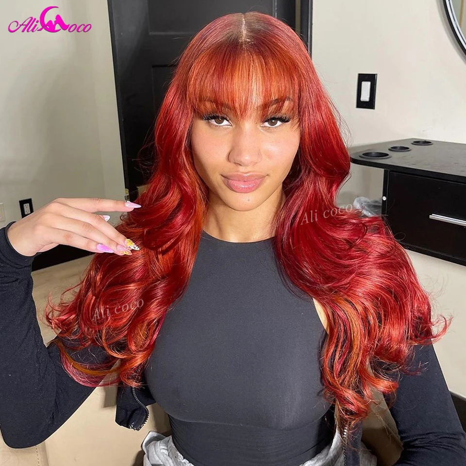 

Red Body Wave 13x4 Lace Front Wigs Human Remy Hair With Bangs For Women Transparent 180 Density Pre Plucked 5x5 Lace Wigs