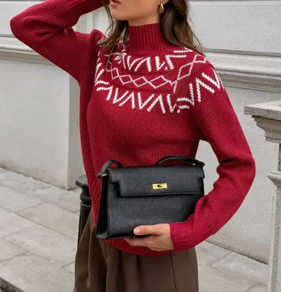 Female Fashion Knitted Pullover Autumn & Winter Vacation Style Casual High Neck Long Sleeve Base Sweater Top Women's Clothing 4