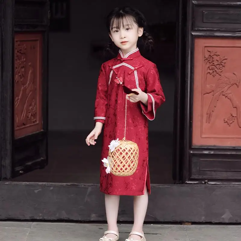 

Новогоднее красное платье Cheongsam для девочек, милое весенне-летнее традиционное китайское платье Ципао с длинными рукавами, детское вечернее платье