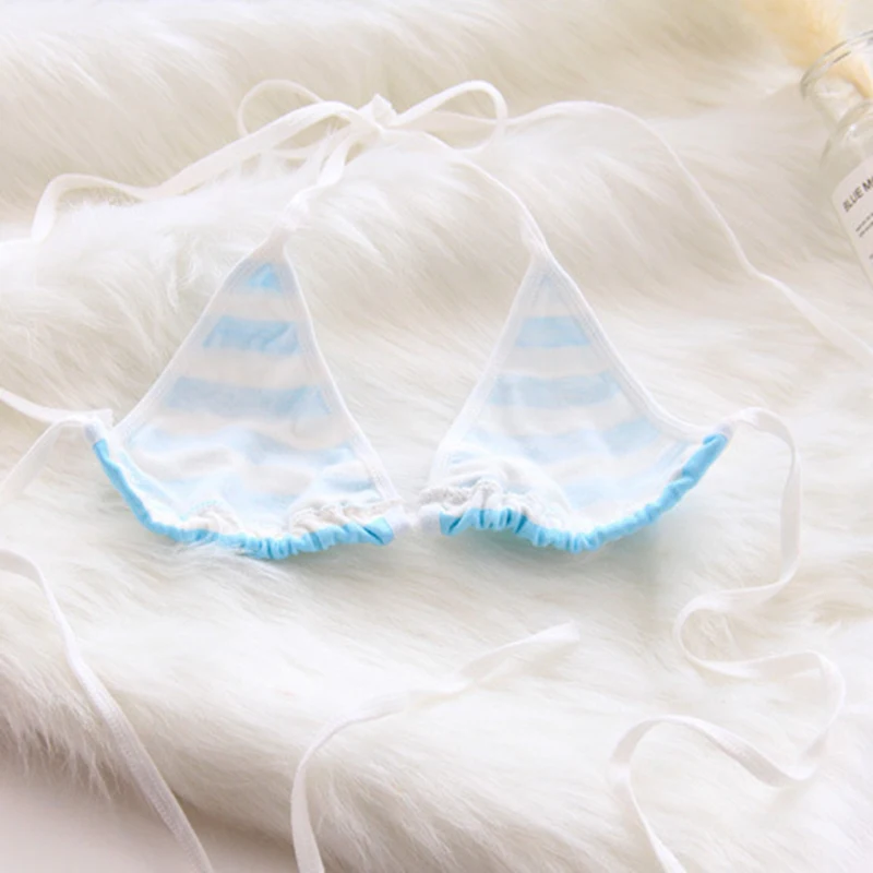 2PCS Women Bra Panties Set Sexy Lingeries Cotton Seamless Kawaii Bikini Lace-up Strap Blue White Striped Suit Female Underwear