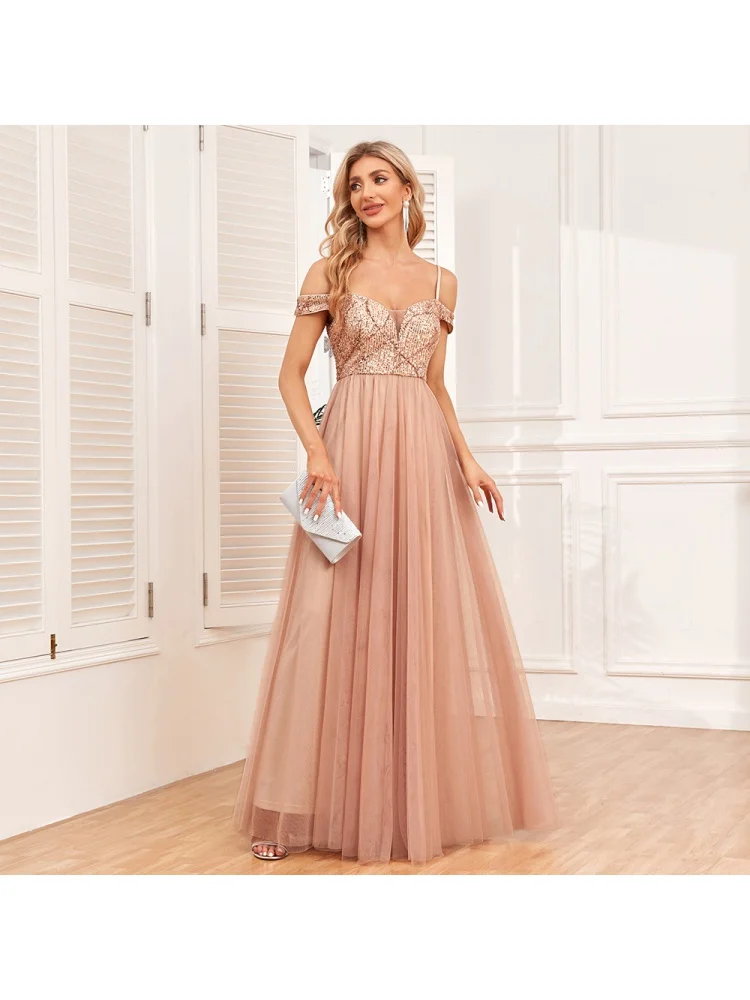 European and American off-the-Shoulder Sling Double V-neck Sequins Embroidery Stitching Party Elegant A- line Tulle Dress