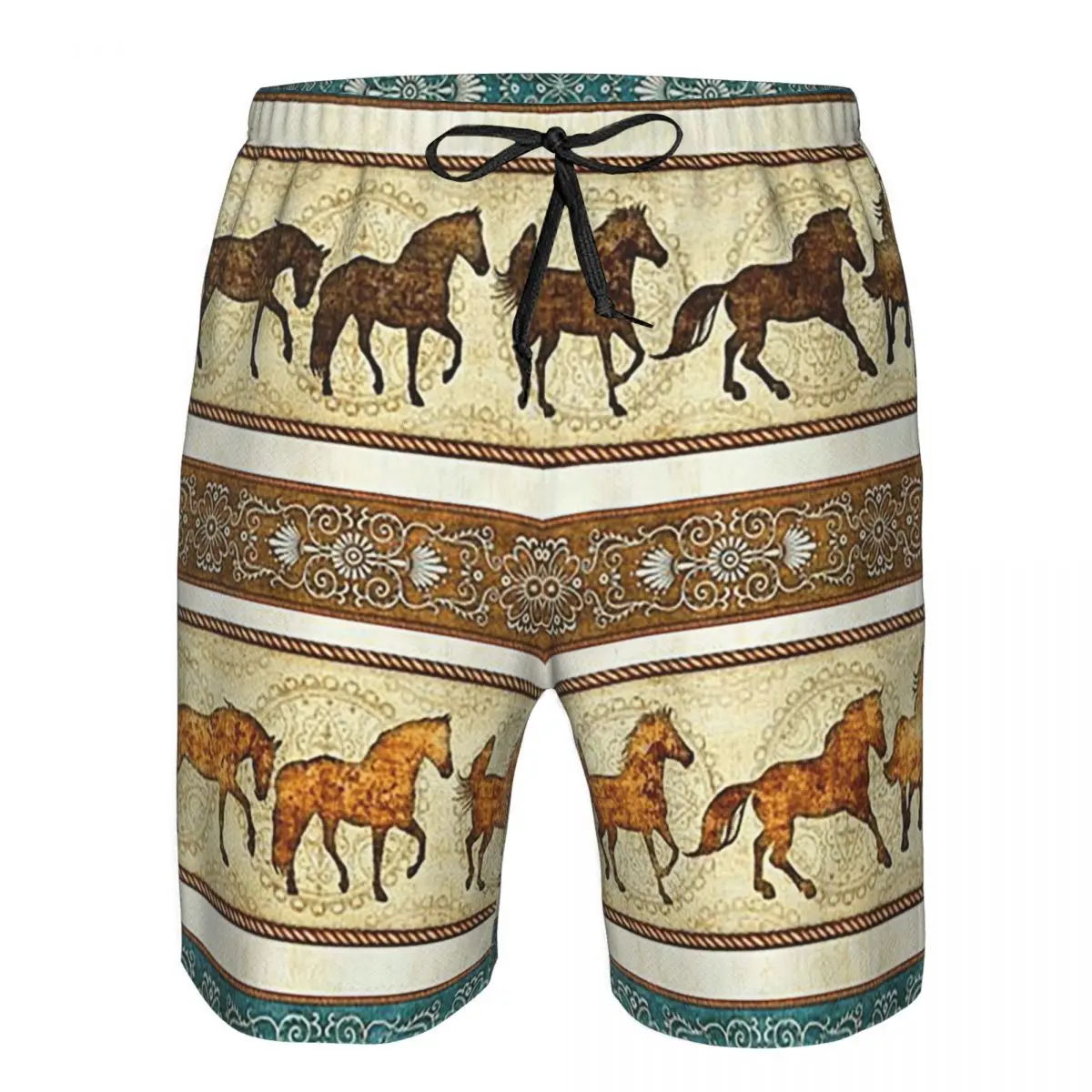 Plaid With Galloping Horse Design Trunks Beach Board Shorts Casual Quick Dry Swimming Summer Men Pants