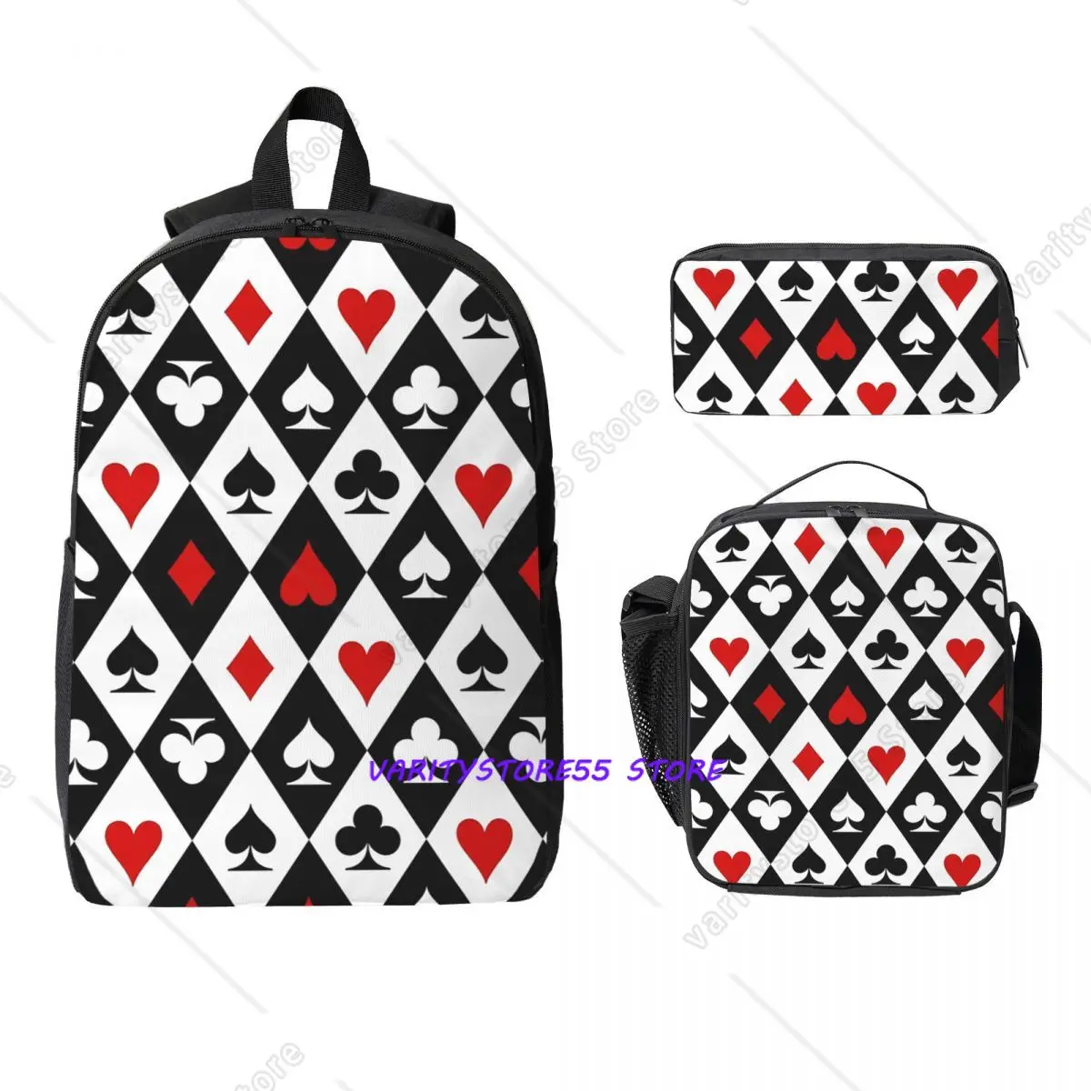 Playing Cards Suit Symbols Backpack Boys Girls BookBag School Bag Laptop Shoulder Bags 3ps Insulated Lunch Bag Pencil Case