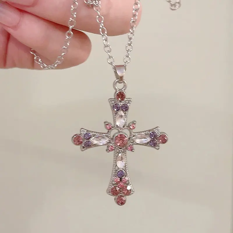 New Fashion Trendy Crystal Pink Zircon Cross Pendant Necklace for Women Girl Crystal Chain Necklace The Spice Girl Party Jewelry