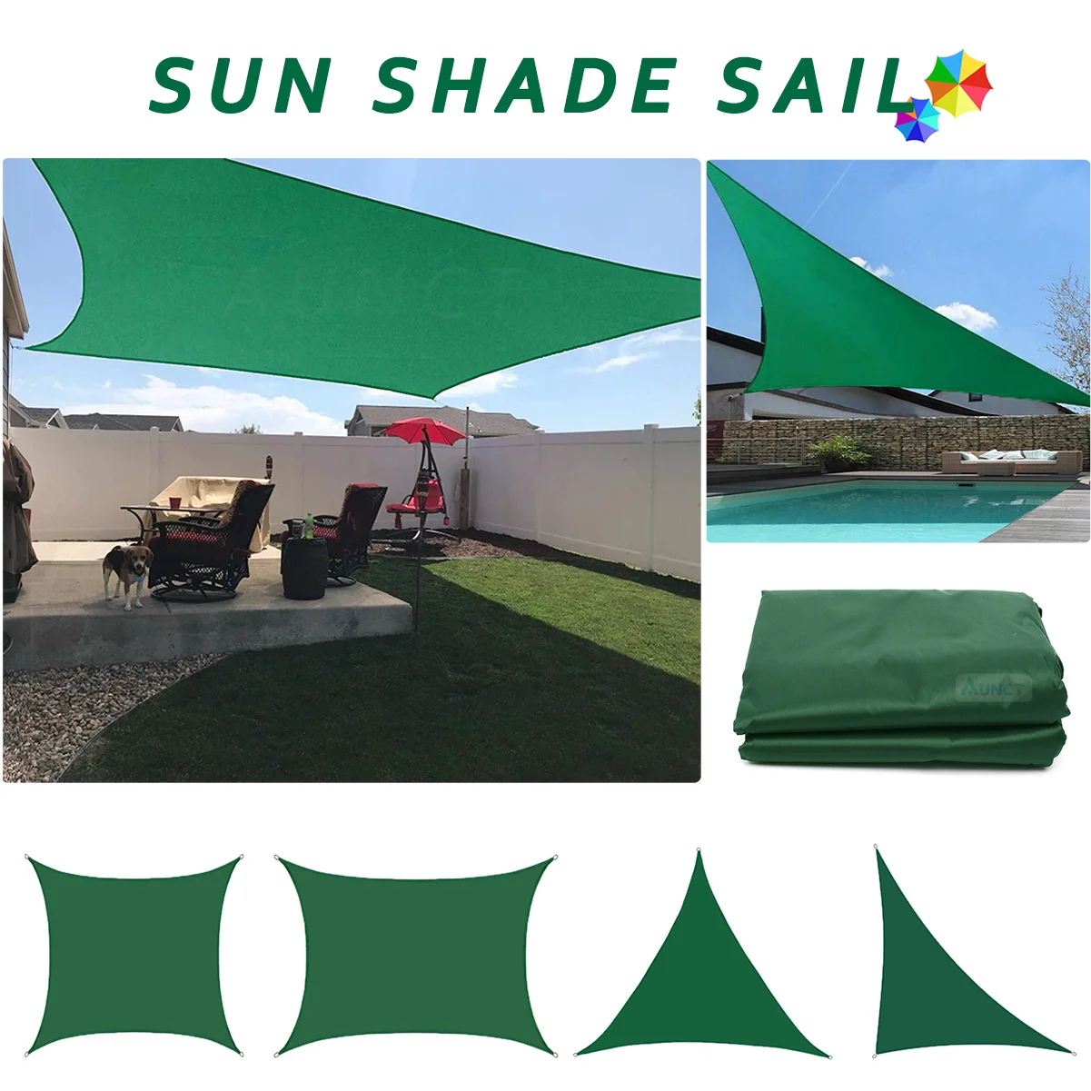 Verde escuro impermeável Sun Shade Vela, Quadrado, Retângulo, Triângulo, Jardim Terraço, Dossel, Sombra de piscina, Acampamento, Caminhadas, Quintal