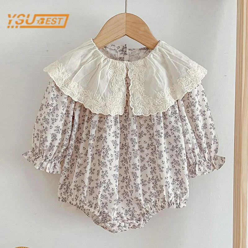 Newborn Kids Baby Girls Long Sleeve Sweet Lace Collar Printing Princess Rompers Autumn Infant Baby Girls Rompers Clothes