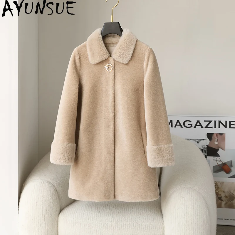 

AYUNSUE 100% Wool Fur Coat Women 2025 Winter Clothes Wool Collar Real Sheep Shearing Coats Woman Composite Fur Пальто Женское
