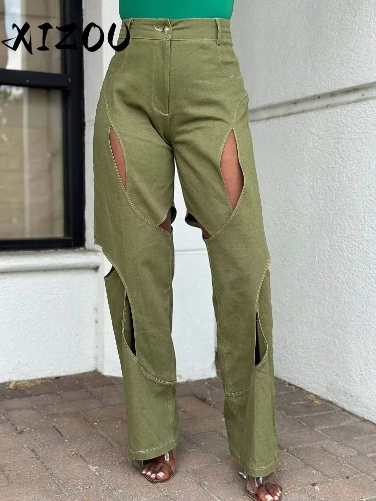 

XIZOU Contrast Color Patchwork Wide Leg Trousers for Women High Waist Button Zipper Closure Hollow Out Straight Leg Pants