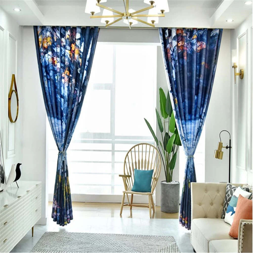 blue forest oil painting curtains personality bay window French window thickened blackout curtains