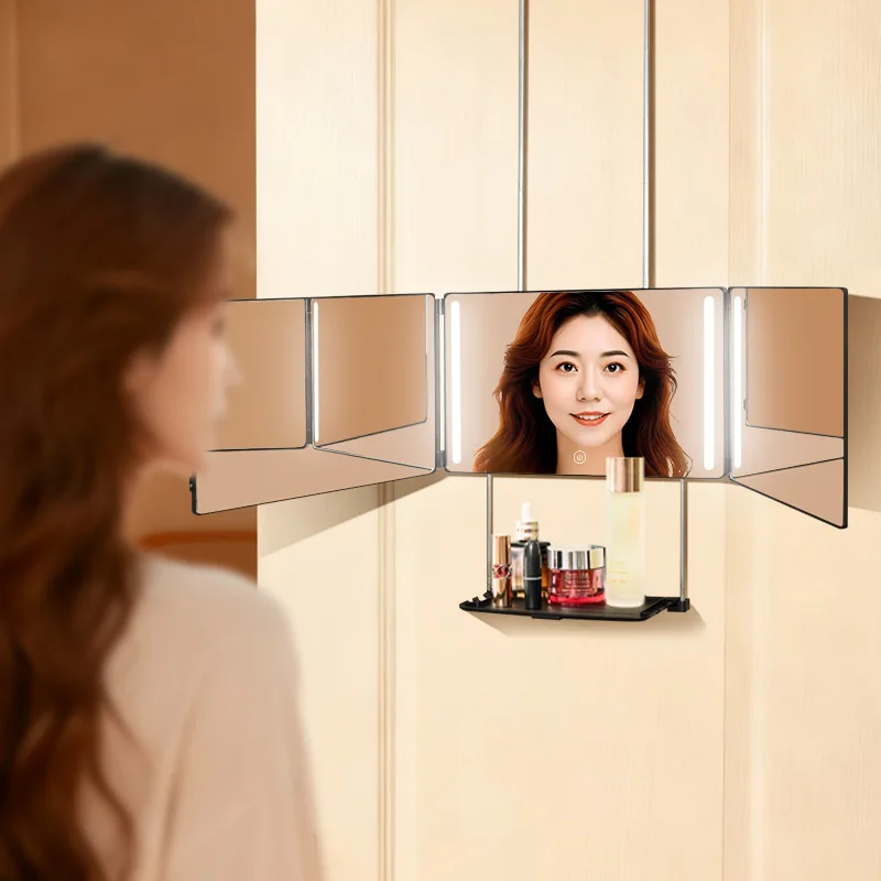 3 Way Mirror for Hair Cutting with LED,360 Trifold with Height Adjustable Telescoping Hooks,for Makeup and Styling (Black)