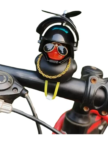 Imagen 2 del producto Bonito pato de goma para manillar de bicicleta, decoración de bicicleta con hélices, gafas, cadena dorada, casco de campana amarillo y negro con correa