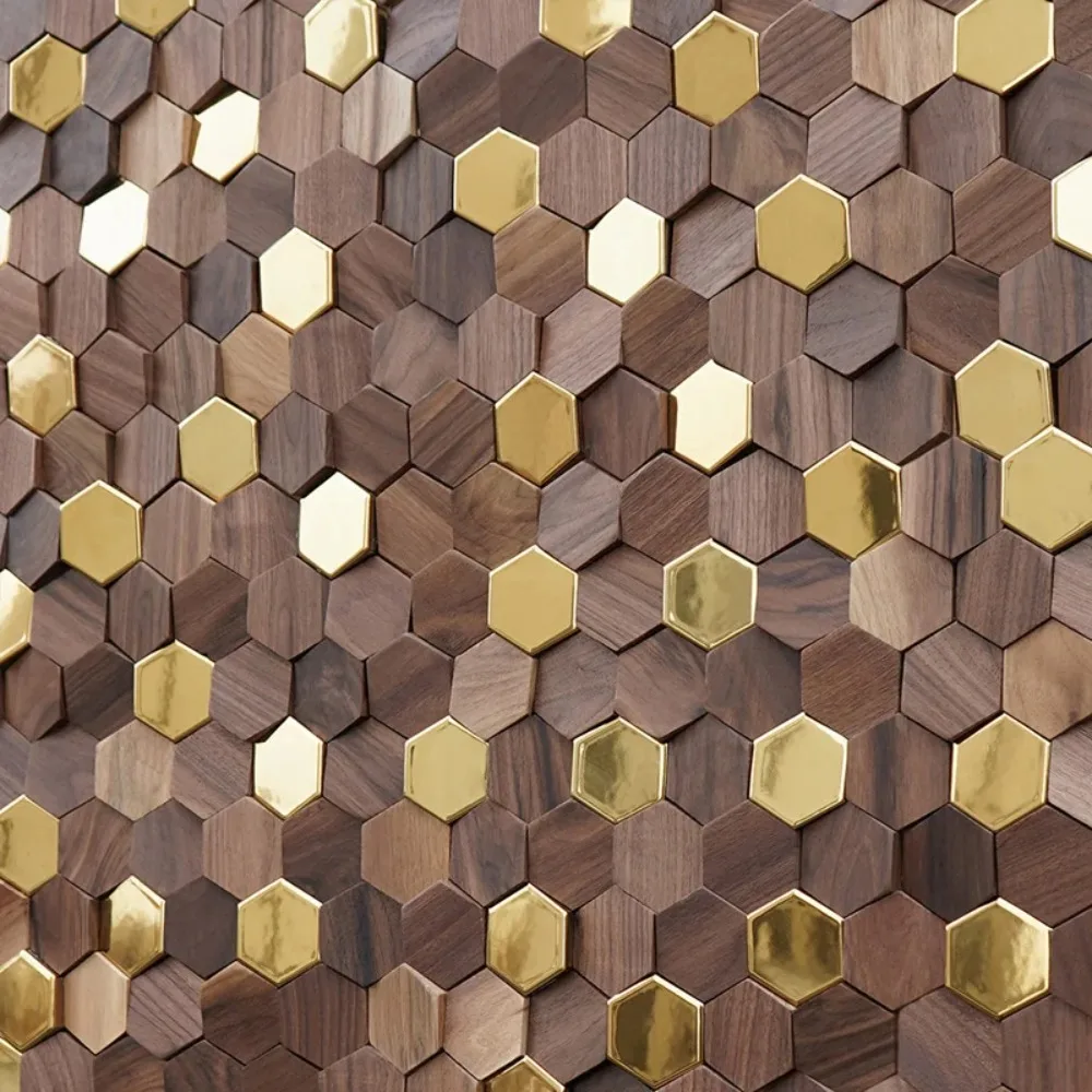 Black Walnut Hexagon Wood Mosaic Tile New Chinese Style Solid Wood Wall Panel For Tea Room Living Room Background Interior Decor