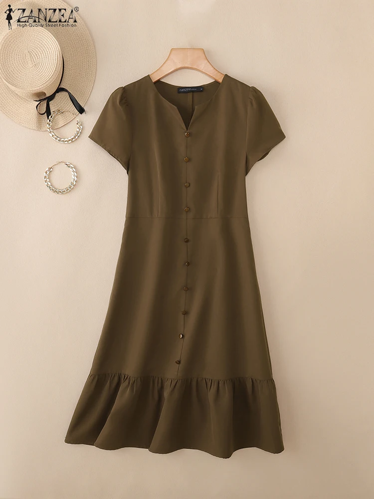 ZANZEA-vestido Midi elegante con cuello en V para mujer, vestido veraniego para trabajo de oficina, manga corta, botones lisos, 2025