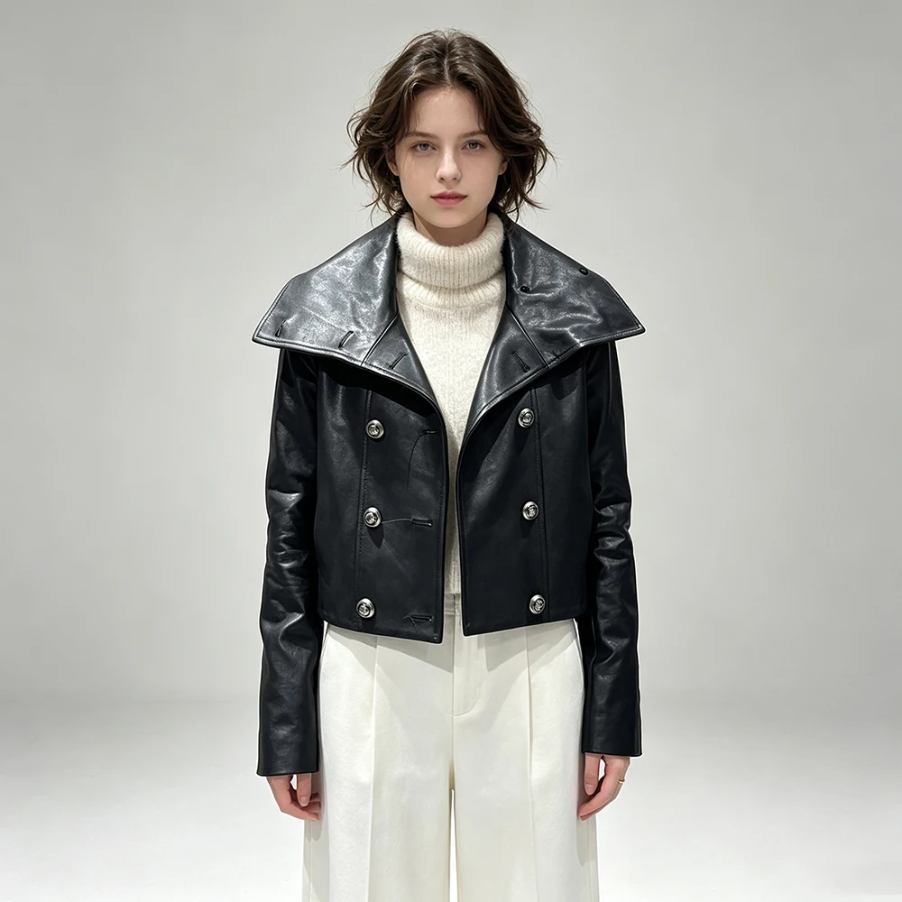 Jxwatcher Women's Genuine Leather Jacket Fashion Big Turn-down Collar Sheepskin Coat 2026 Autumn New Arrival Real Leather Coats