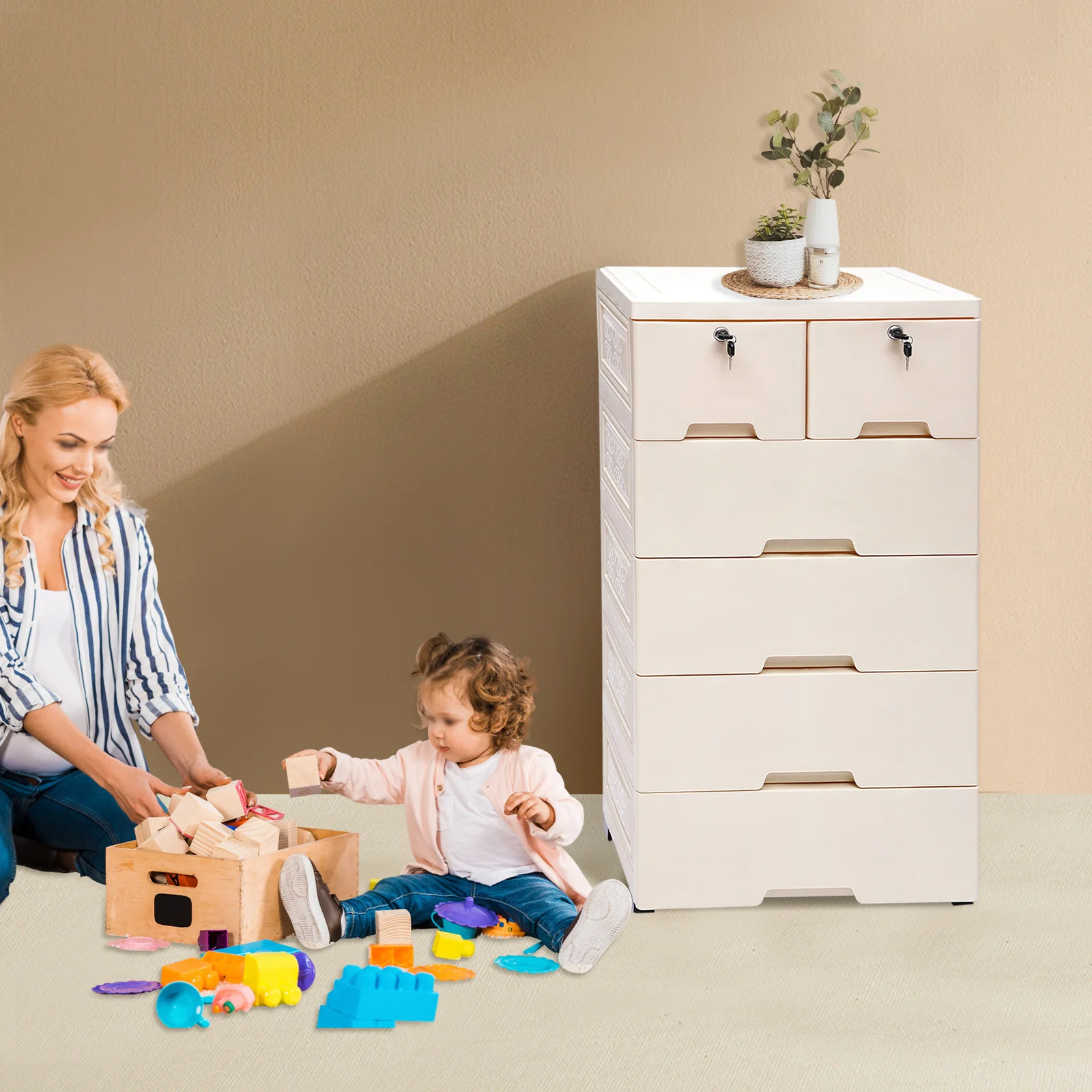 LOYALHEARTDY Plastic Dresser Clothes Drawer Storage Cabinet with 6 Drawers Closet Organizer for Bedroom Playroom Furniture Beige