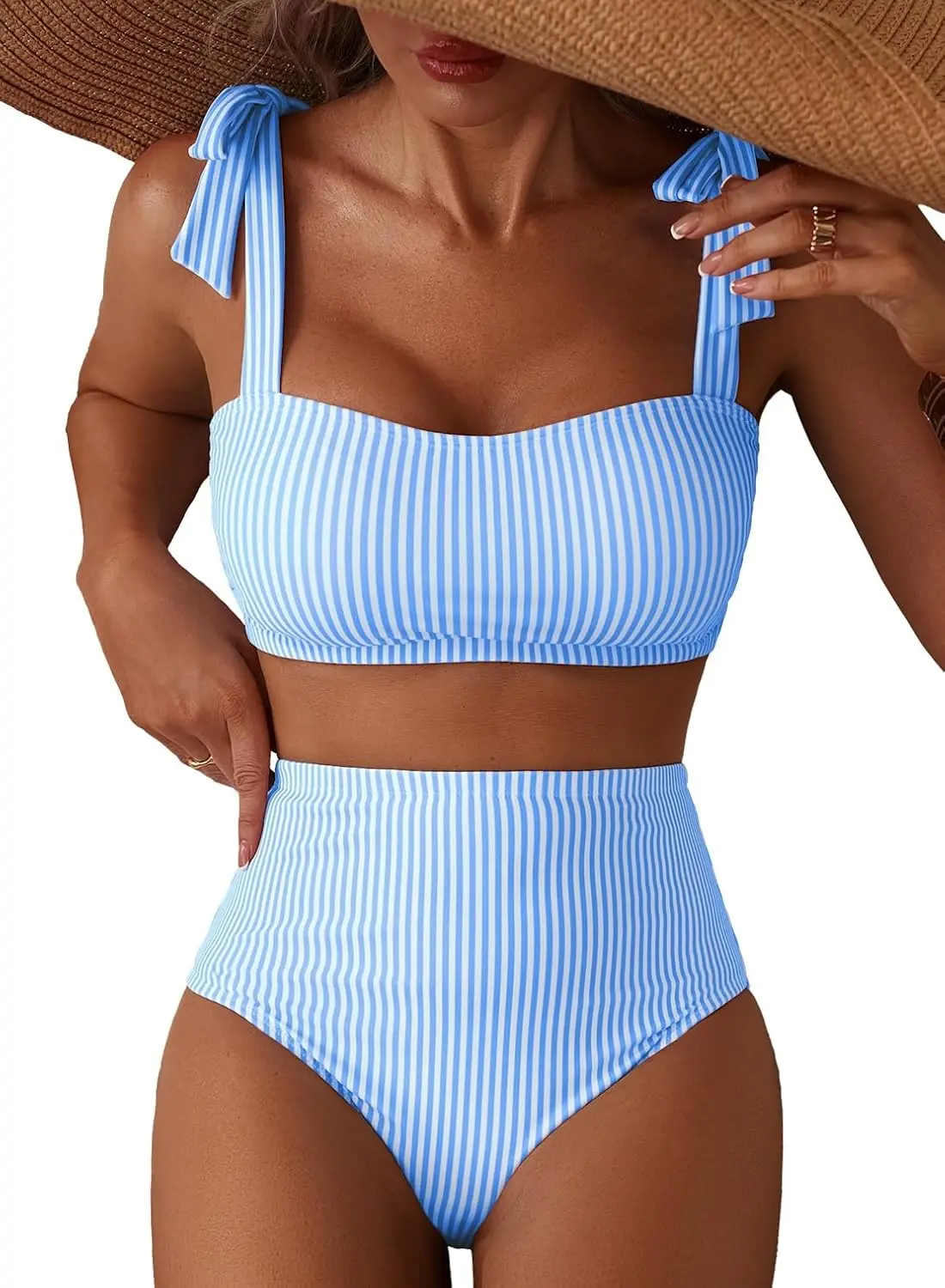 

Women's Tie Shoulder Bikini Sets Striped Swimsuits High Waisted Bathing Suits