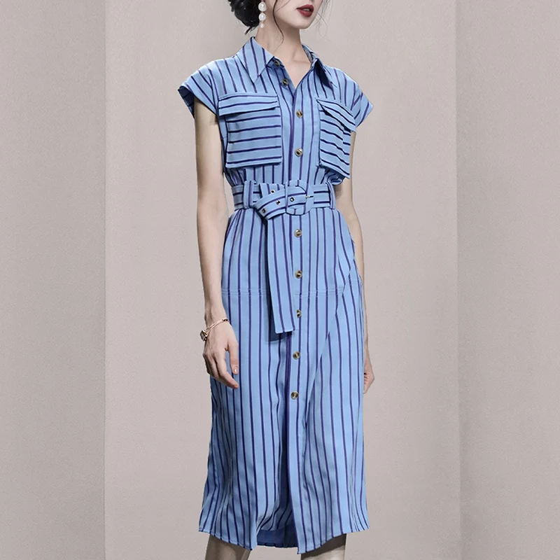 2023 Summer Blue Striped Shirt Dresses Fashion Designer Women Lapel Single Breasted Pockets Ladies Office Midi Dress With Belt