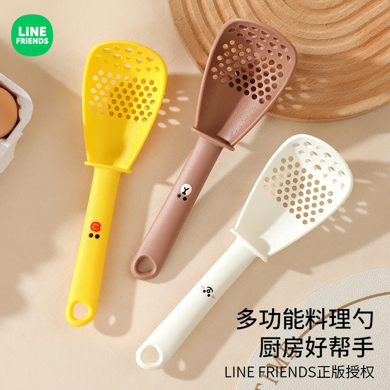 Line Friends Brown Multifunctional Cooking Spoon Household Feeding Spoon Baby Potato Mashed Colander Press Integrated Spoon Gift