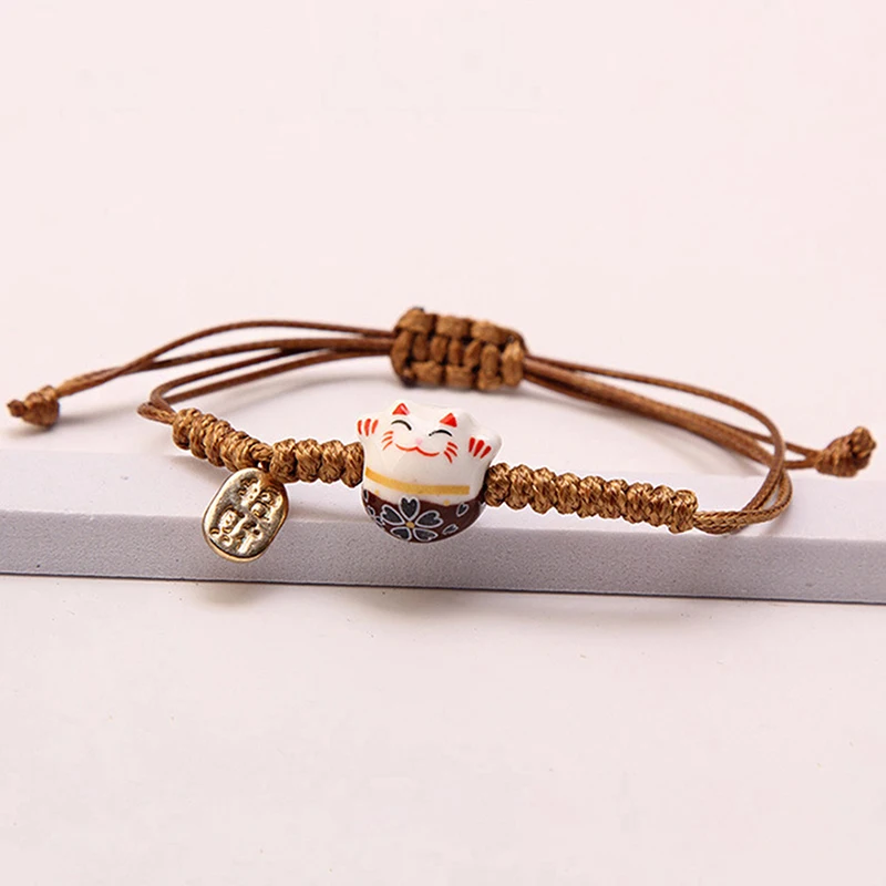 1PC Hand-woven Simple Cute Ceramic Lucky Cat Bracelet Hand-woven Red Colors Rope Bangle Couple For Women Girls Mama Jewelry Gift