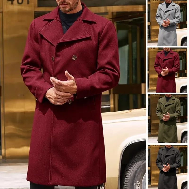 New Men's Autumn Winter Casual Lapel Double-breasted Mid-length Woolen Overcoat Male Solid Thicken Wool Trench Coat Windbreaker