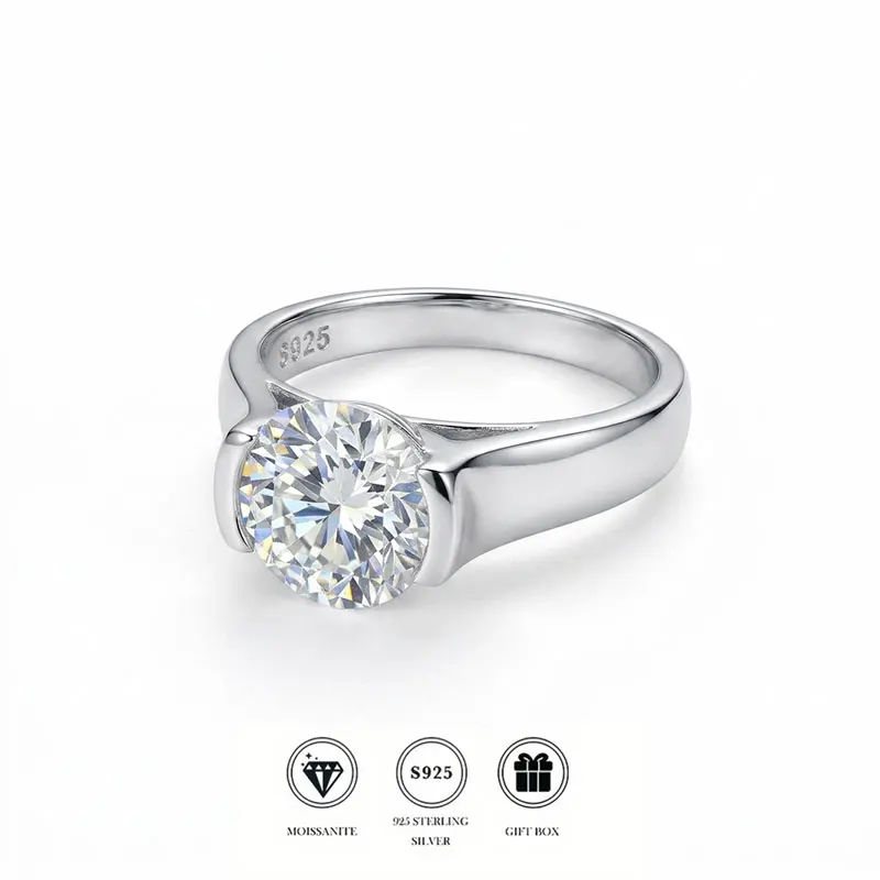 

S925 Sterling Silver Ring, 3 Carat Moissanite, 18K White Gold Plated, Classic Fashion Luxury Ring, Unisex, Gift for Halloween, V
