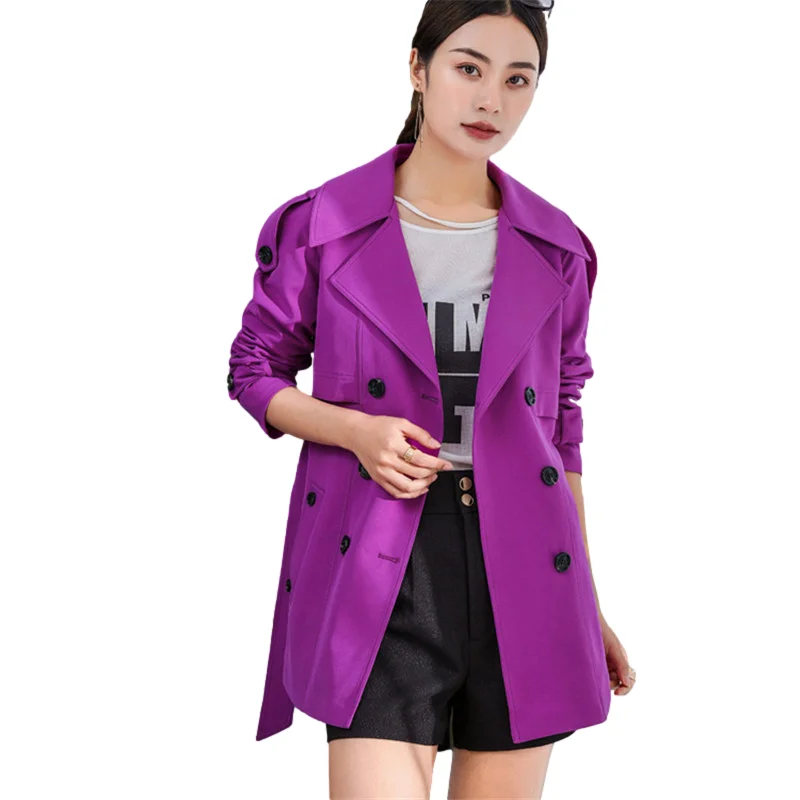 

Fashion Mid Length Purple Trench Coat Women Loose Casual Overcoat Belt Big Pocket Long Sleeve Double Breasted Windbreaker Female