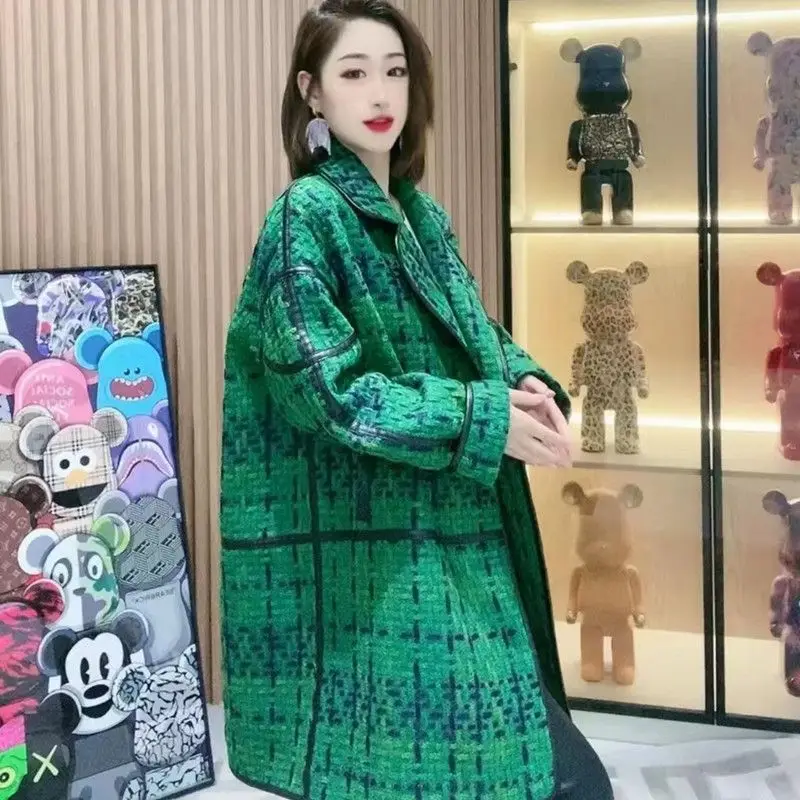 High-End Tweed Woolen Coat Femme 2023 New Green Women\'s Woolen Outcoat Mid-length Autumn Winter Windbreaker Outerwear