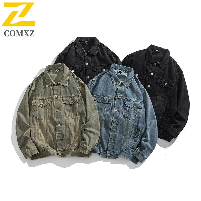 

COMXZ Autumn New Jacket American Vintage Washed Denim Coat Trendy Loose Fit Men Casual Outerwear Top lightweight windbreaker