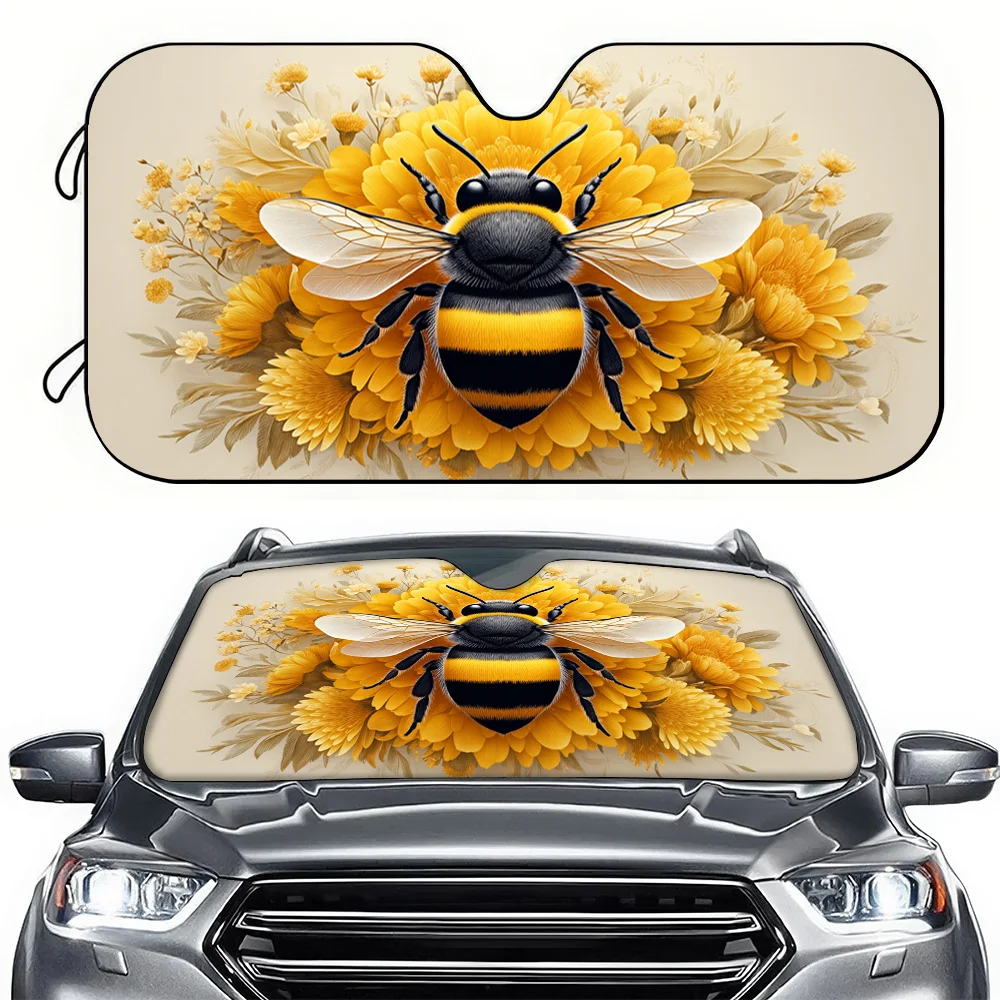 1pc Car Sunshade, Golden Flower Cluster Bee Car Sun Visor, Front Windshield Sunshade With High-Definition Print, Blocks Sunlight