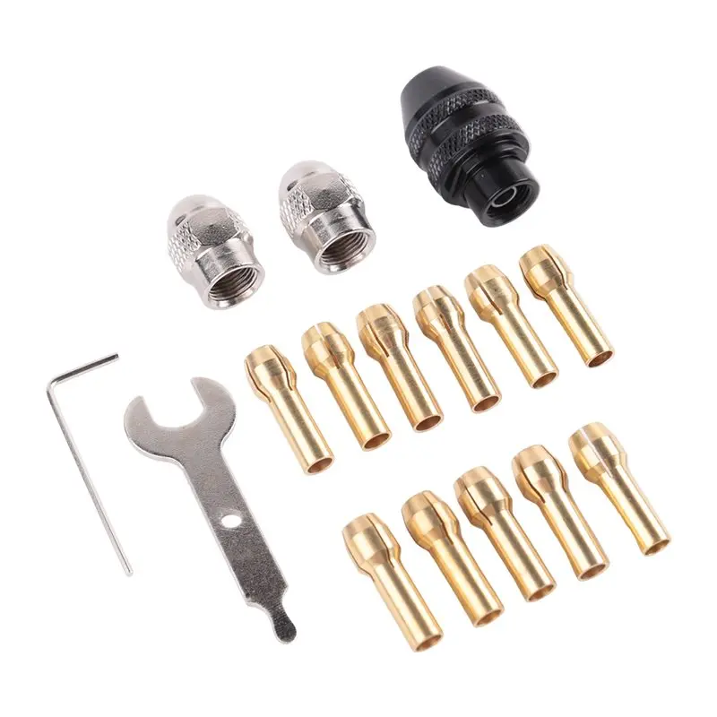 Y42A-16Pcs Drill Chuck Collet Set, 1/32 To 1/8Inch Drill Chuck Collet Set With 11Pcs Brass Collet, 3Pcs Chuck, 2Pcs Wrench