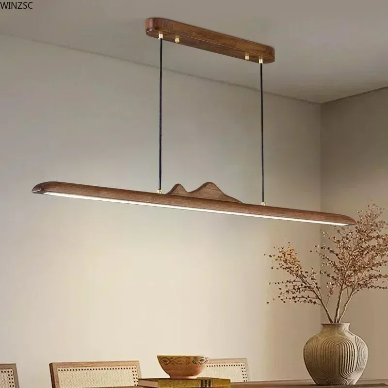 Mid-Ancient Style Long Bar Restaurant Chandelier - Walnut Modern Linear Design for Dining Table