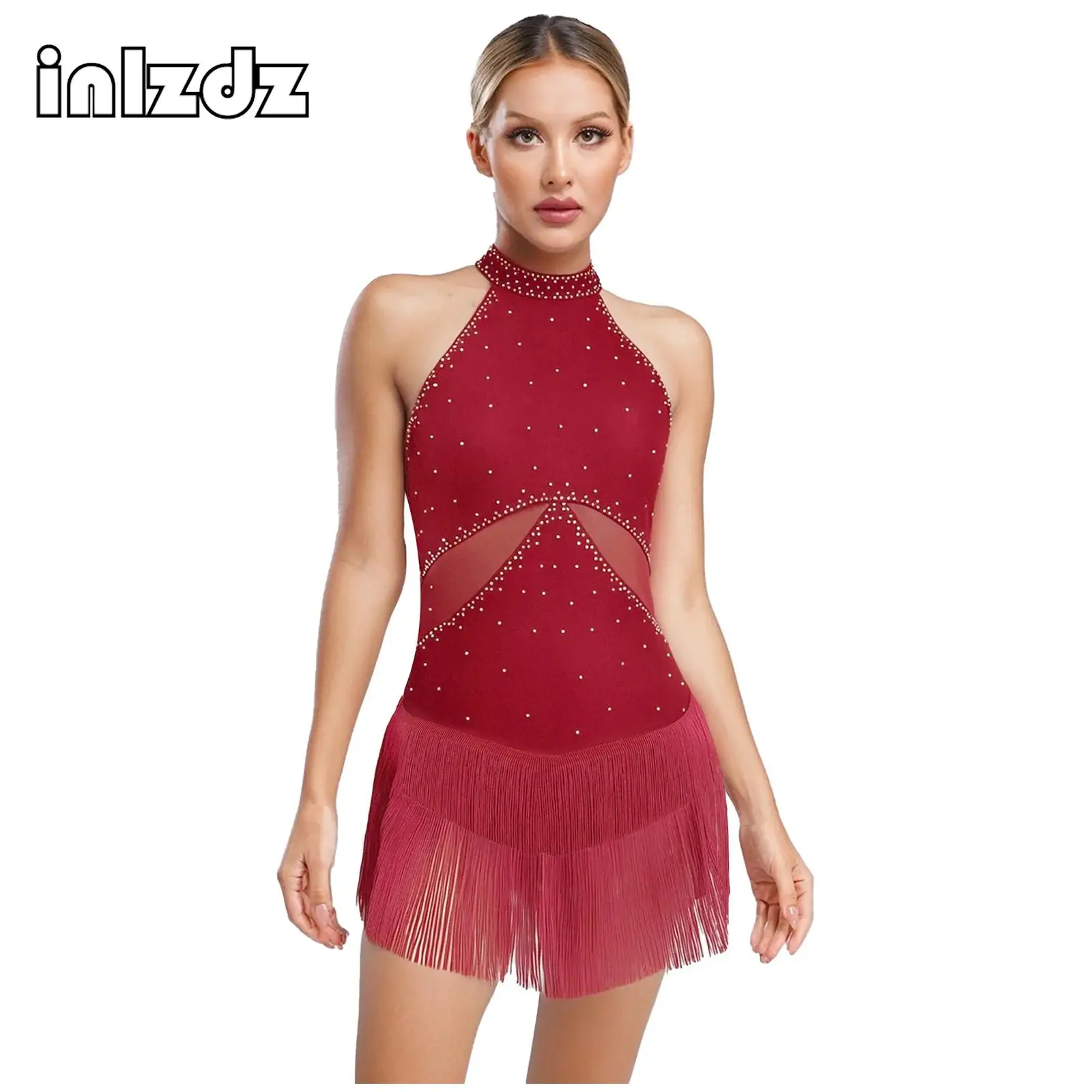 

Womens Sparkly Rhinestone Latin Cha-Cha Dance Leotard Tassel Mesh Patchwork Back Hollow Out Bodysuit One Piece Dance Costume
