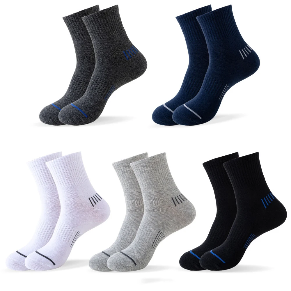 5 Pairs Sports Running Socks Men Ankle Socks Cushion Casual Athletic Mid-calf Socks Breathable Stripe Male Cotton Black Socks