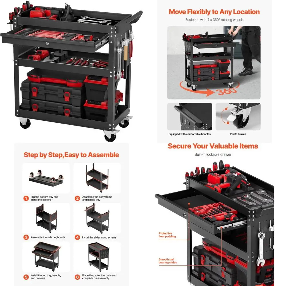 Rolling 4-Tier Mechanic Tool Storage Cart with Wheels, Drawer, and Pegboard, Holds up to 350 lbs