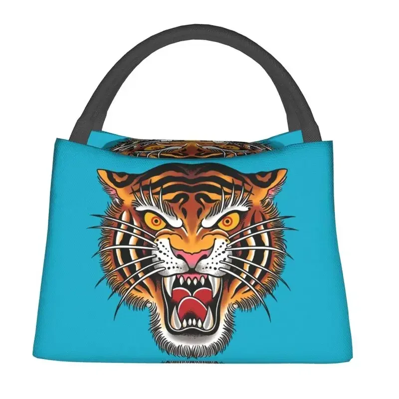 Custom Gothic Traditional Tattoo Tiger Head Lunch Bag Women Cooler Thermal Insulated Lunch Box for Work Pinic or Travel