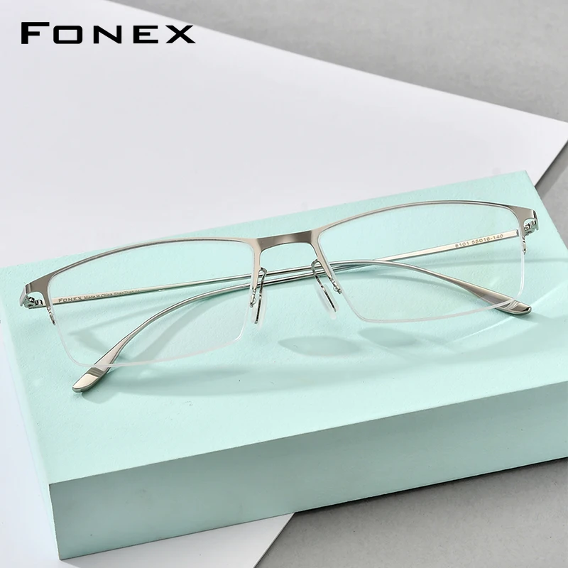 FONEX Titanium Alloy Eyeglasses Frame Men Square Glasses Brand Design Japanese Ultralight Weight Semi-Rimless Eyewear 8101