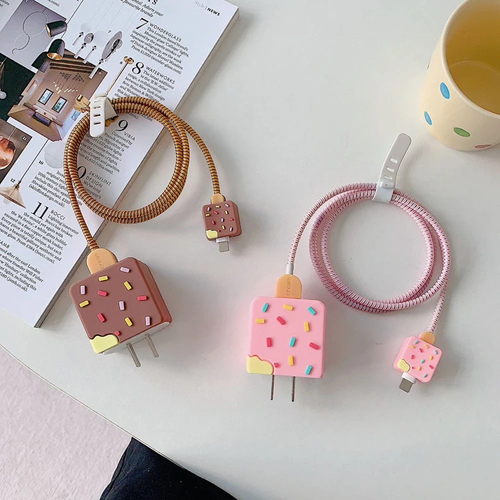 Cute 3D Ice Cream USB Cable Data Line Protector Cover For iPhone 18/20W Fast Charging Case Cartoon Winder Organizer